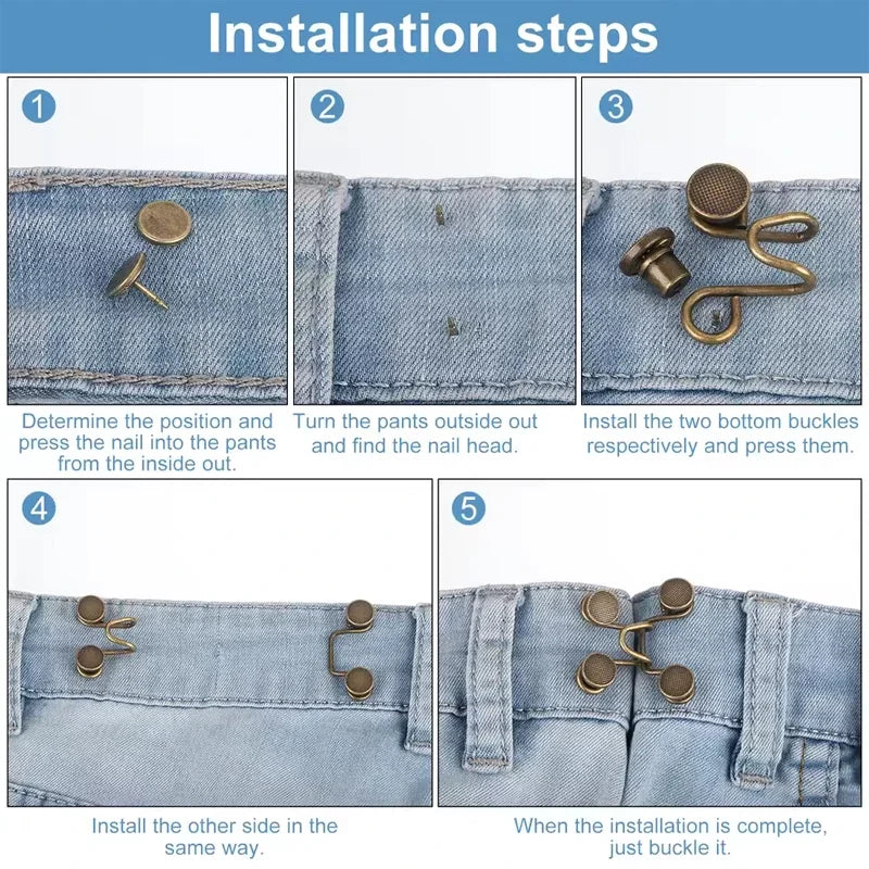 Five steps showing how to install no-sew metal jeans button snaps for waist adjustments on denim fabric.