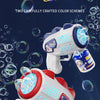 Two white and red astronaut bubble blaster toys are shown against a dark blue background with floating bubbles.