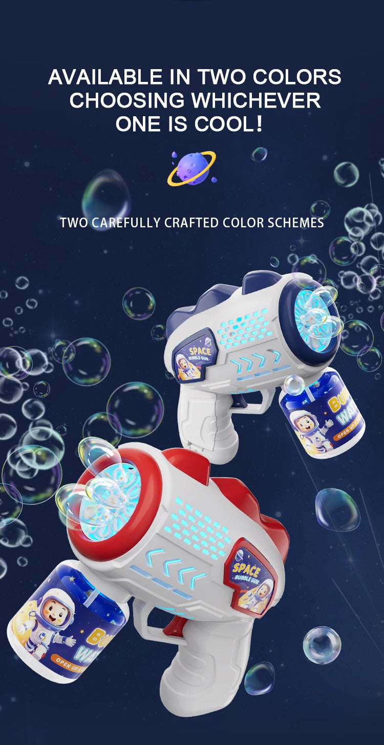 Two white and red astronaut bubble blaster toys are shown against a dark blue background with floating bubbles.