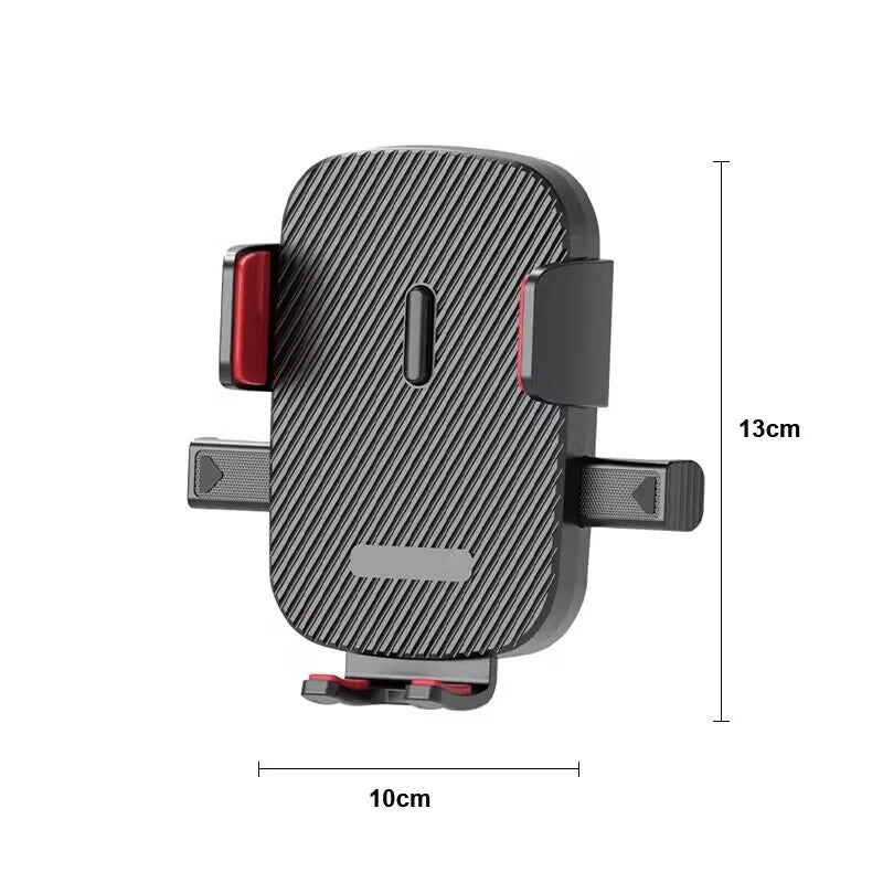 A black universal gravity car phone holder with a hook clip, shown from the back.