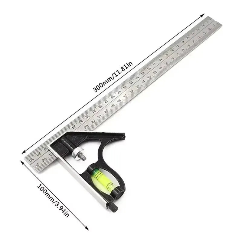 Adjustable combination square and spirit level set with a 300mm ruler shown against a white background.