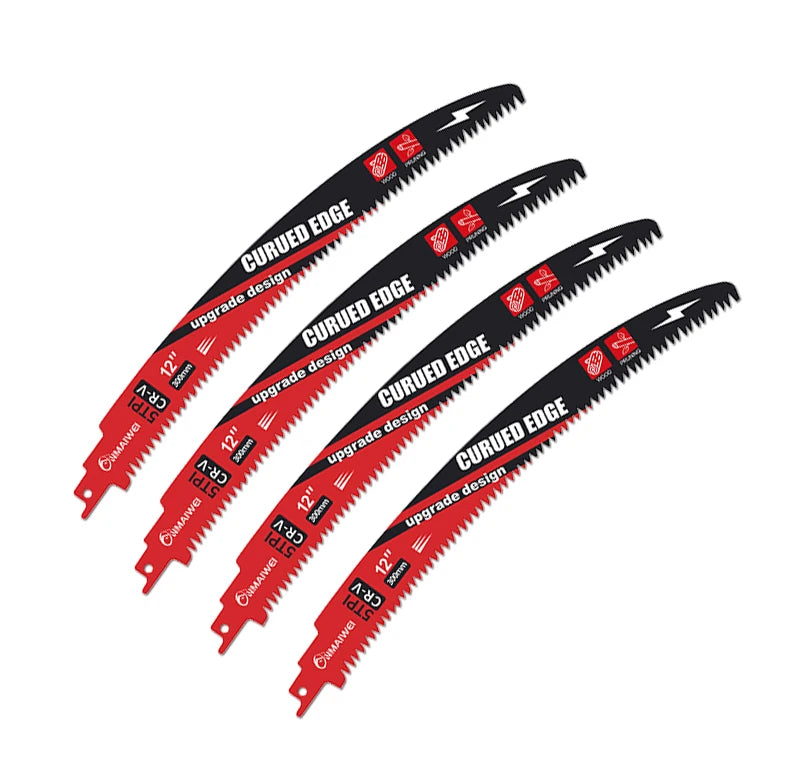 A set of CR-V steel reciprocating saw blades with curved edges for wood pruning.