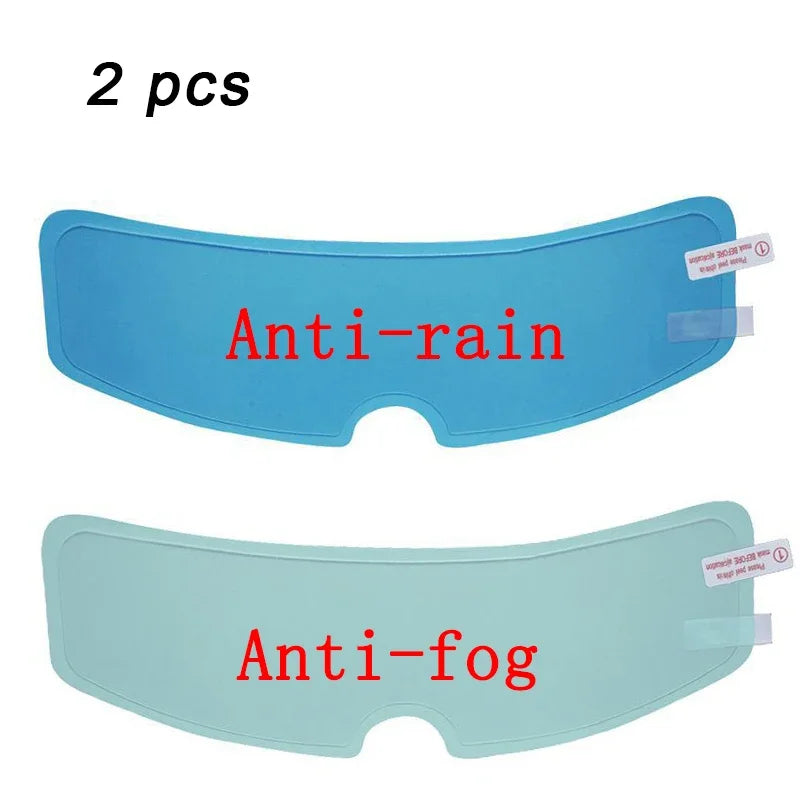 Two plastic films, one blue anti-rain and one light blue anti-fog, for motorcycle helmet protection.