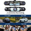 A 4-channel dash cam system showing various camera angles and recording capabilities for vehicle monitoring.