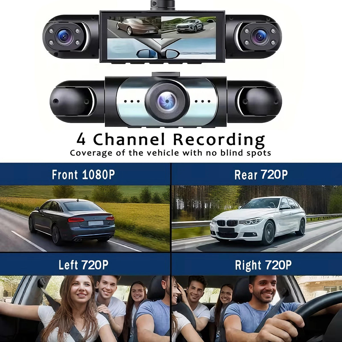 A 4-channel dash cam system showing various camera angles and recording capabilities for vehicle monitoring.