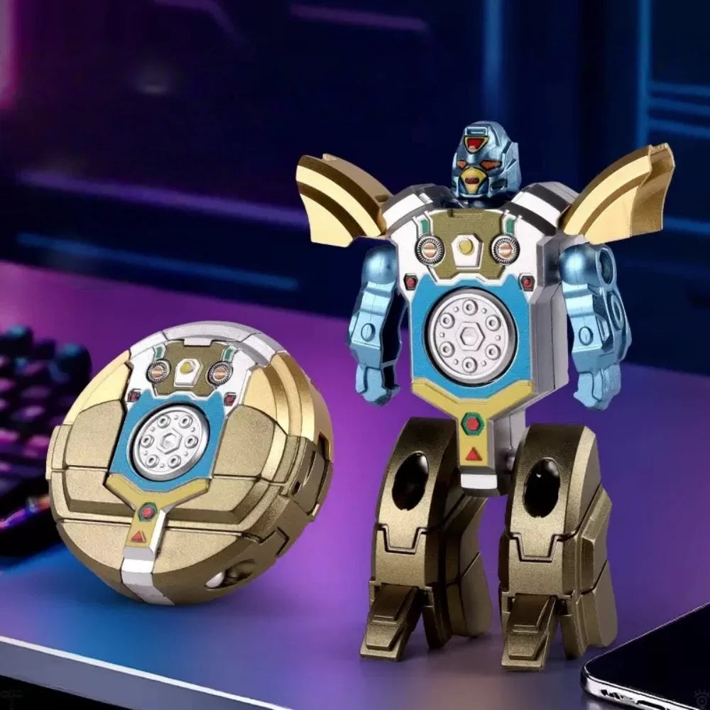 A detailed robot fidget toy featuring a rotating sphere and a humanoid deformation design in gold and blue.
