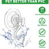 Transparent suction cup hooks demonstrating food grade material, high stability, non-toxic, and tasteless properties.