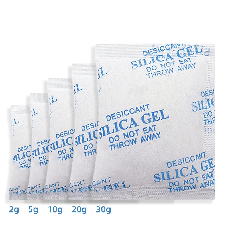 White silica gel desiccant bags in various sizes 2g to 30g for moisture control