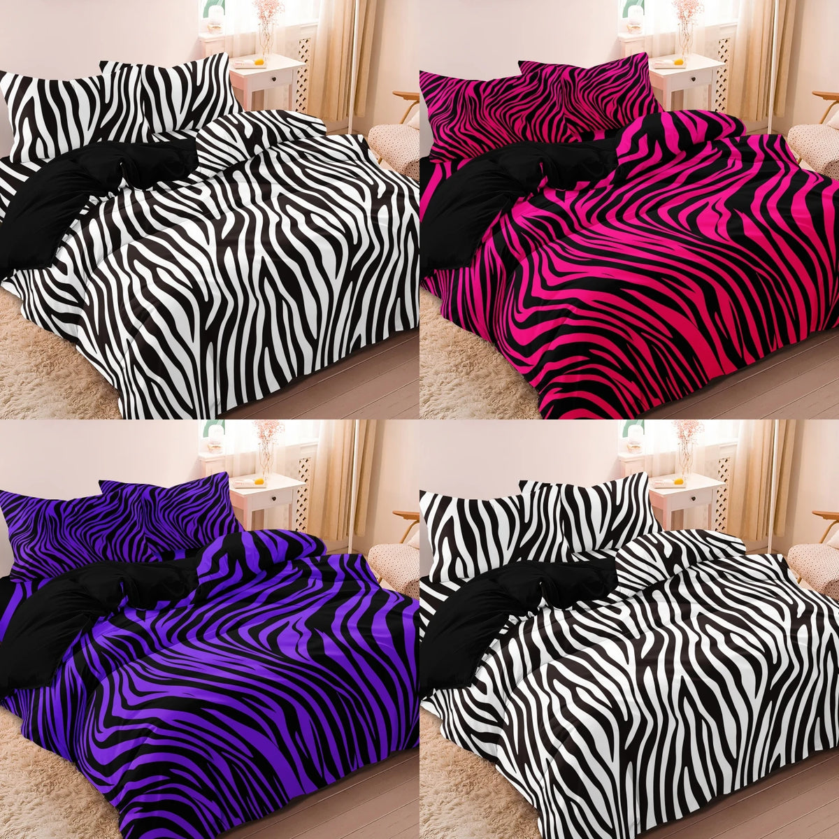 A set of three bold zebra print duvet covers in black, pink, and purple displayed on a bed.