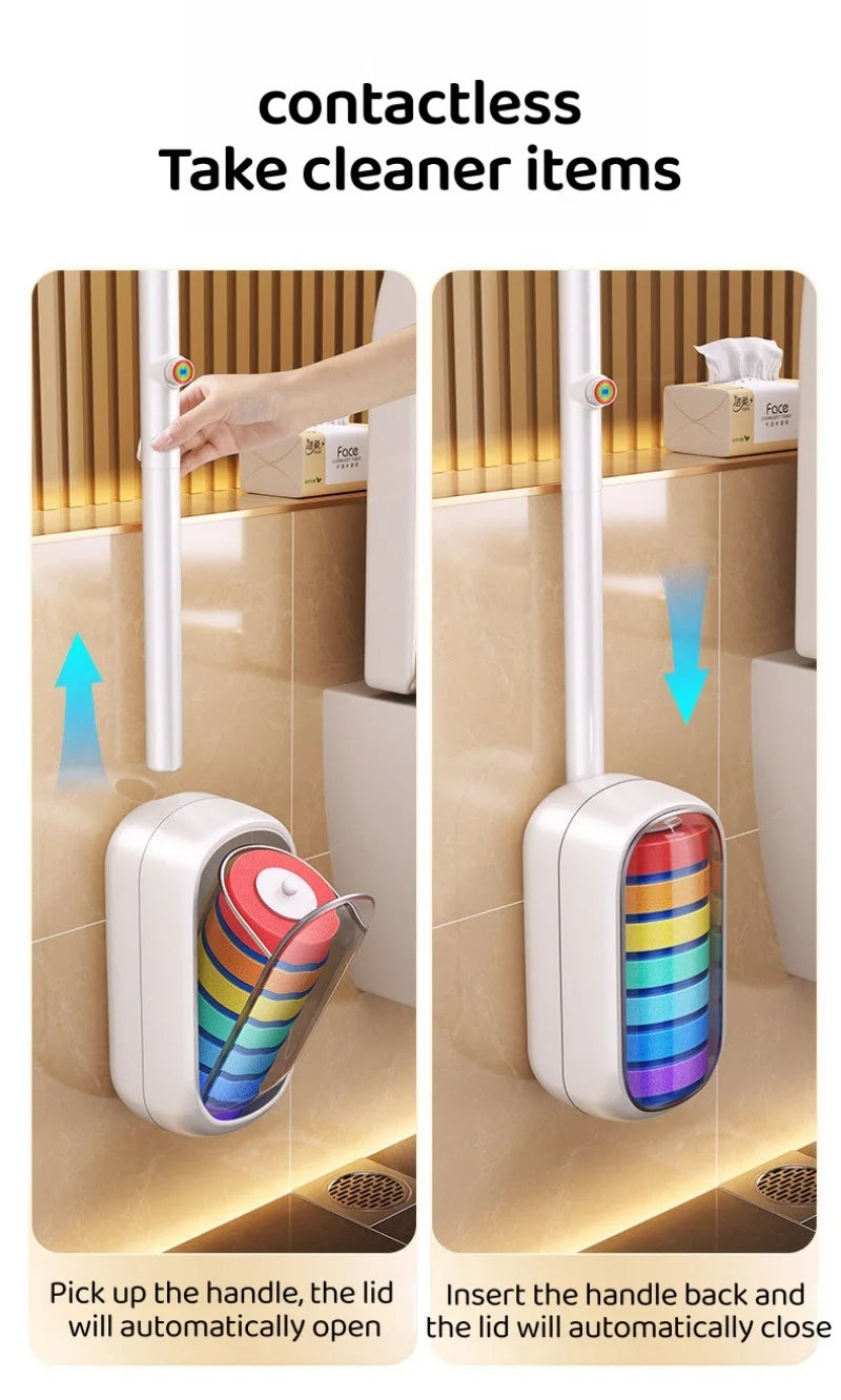 A hand is shown picking up a handle from a wall-mounted dispenser, which automatically opens and closes.