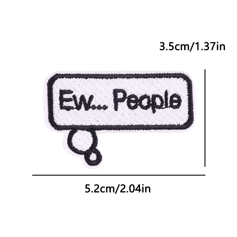 A rectangular embroidered patch with the text Ew People and a loop attached.