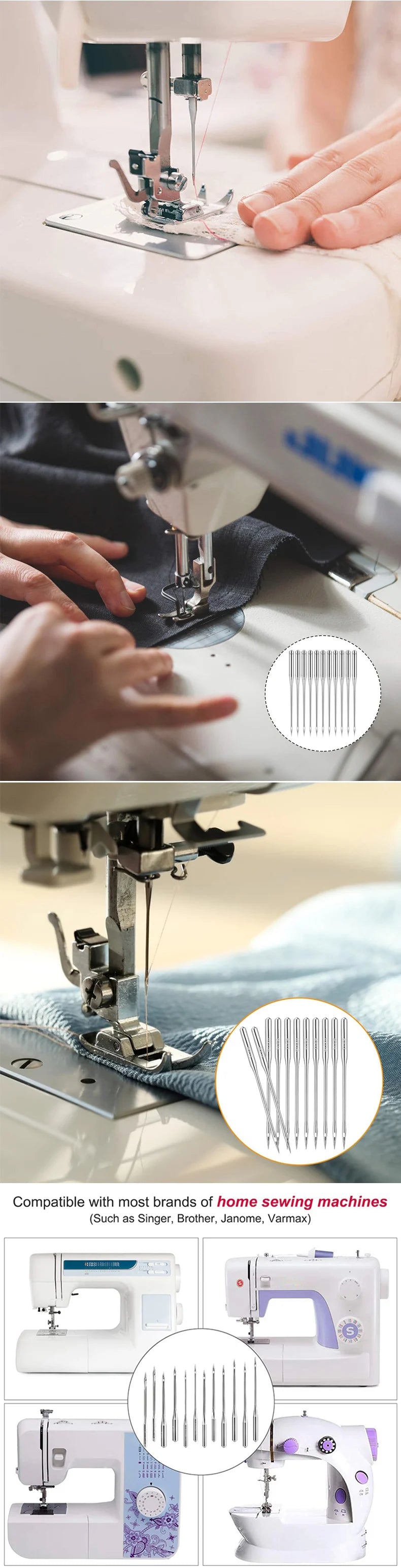 A collection of universal sewing machine needles in various sizes and types shown alongside different models of home sewing m