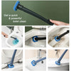 A blue disposable toilet cleaning brush with a storage base is shown being used to clean a toilet bowl.