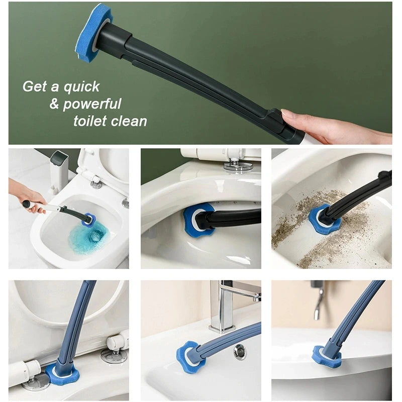 A blue disposable toilet cleaning brush with a storage base is shown being used to clean a toilet bowl.
