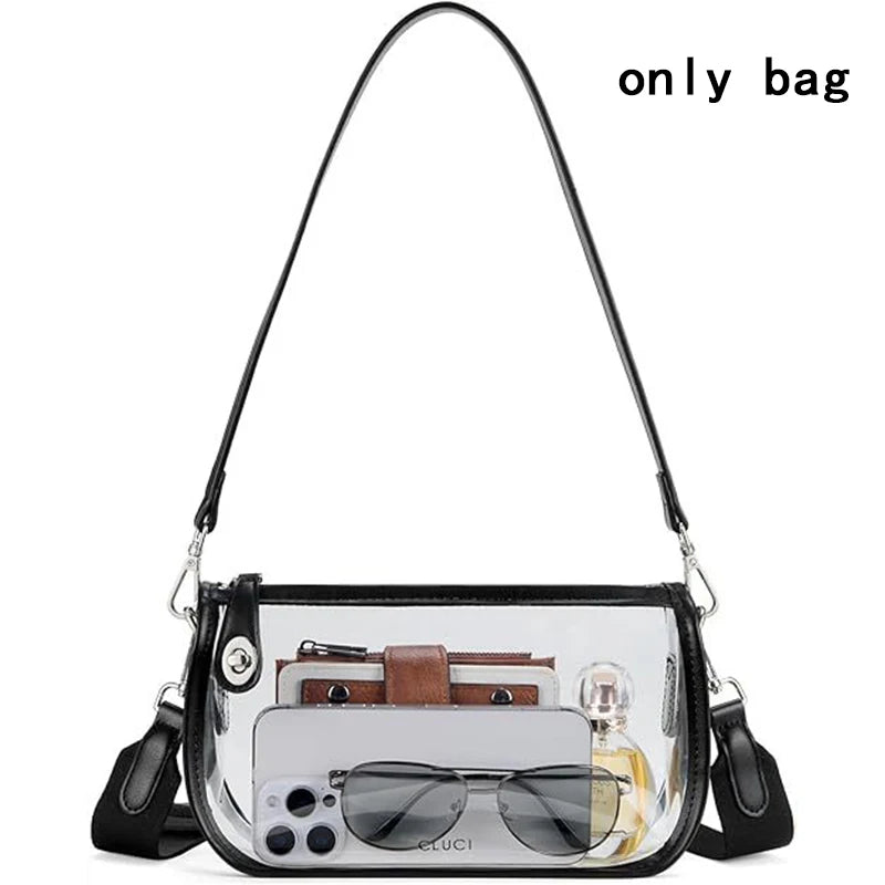 A clear PVC shoulder bag with a leather strap and sunglasses resting inside.