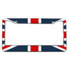 A rectangular aluminum license plate frame featuring the Union Jack design in red, white, and blue.