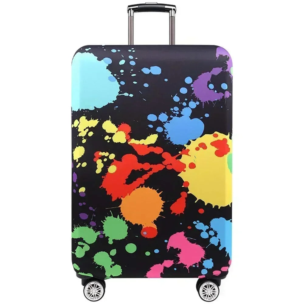 A black suitcase with a colorful, abstract paint splatter design.