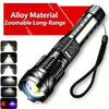 A black alloy material zoomable long-range flashlight with a digital display and flexible cord.
