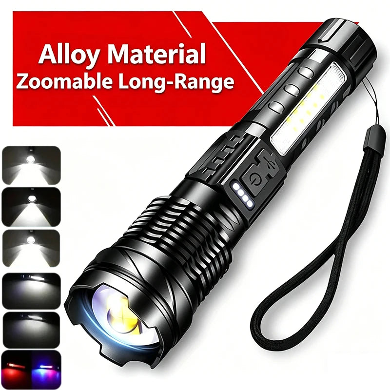 A black alloy material zoomable long-range flashlight with a digital display and flexible cord.