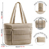 A beige quilted puffy tote bag with wide straps and a laptop sleeve shown in various views.