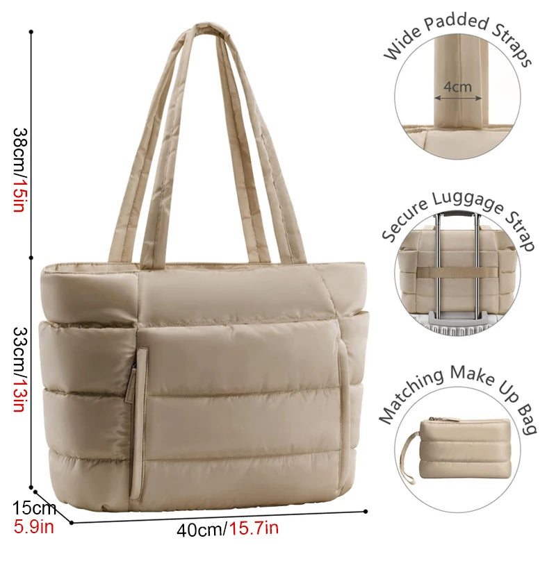 A beige quilted puffy tote bag with wide straps and a laptop sleeve shown in various views.