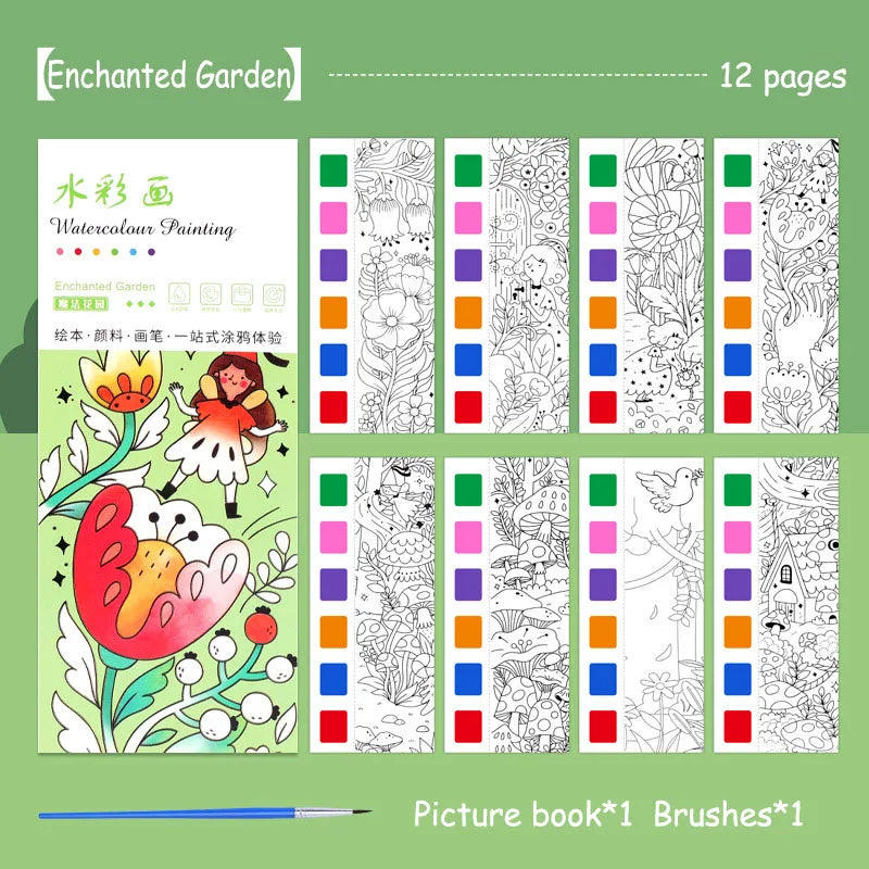 A picture book featuring watercolor painting pages and brushes for kids.