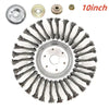 A heavy-duty steel wire wheel brush with multiple bristles and a center hub is shown alongside spare parts.