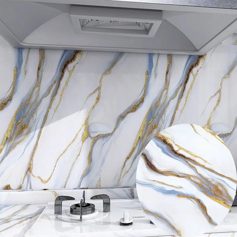 Marble pattern peel and stick self-adhesive wallpaper featuring white marble with gold veining on a kitchen backsplash.