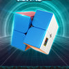 A blue and orange MoYu MeiLong 2x2 speed cube shown in a dynamic, glowing presentation.