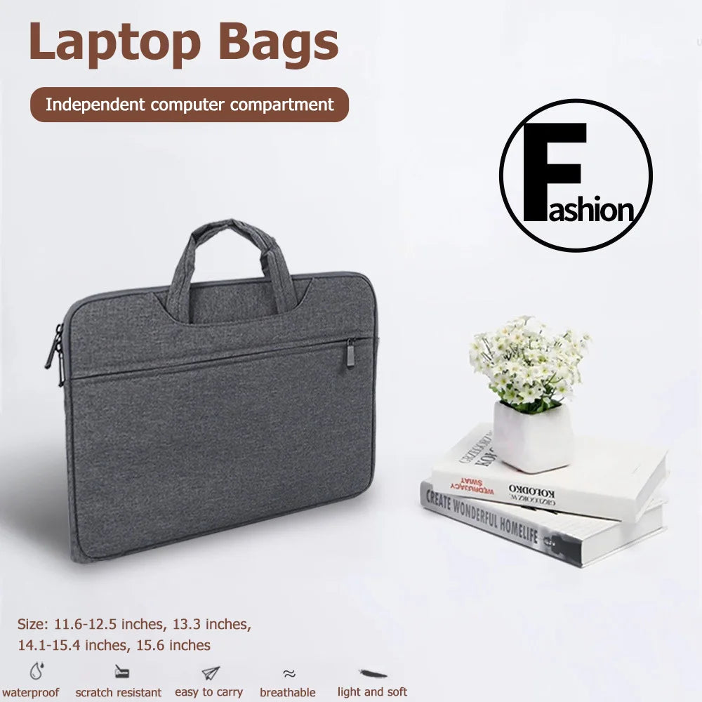 A gray laptop bag featuring an independent computer compartment and various features like waterproof and scratch resistant.