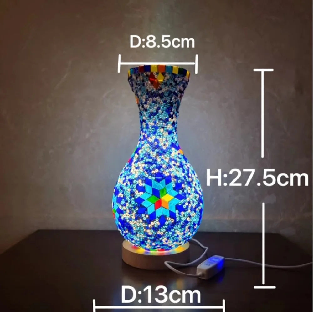 A handcrafted Turkish mosaic table lamp with a blue and multicolored LED glow, showing its dimensions.