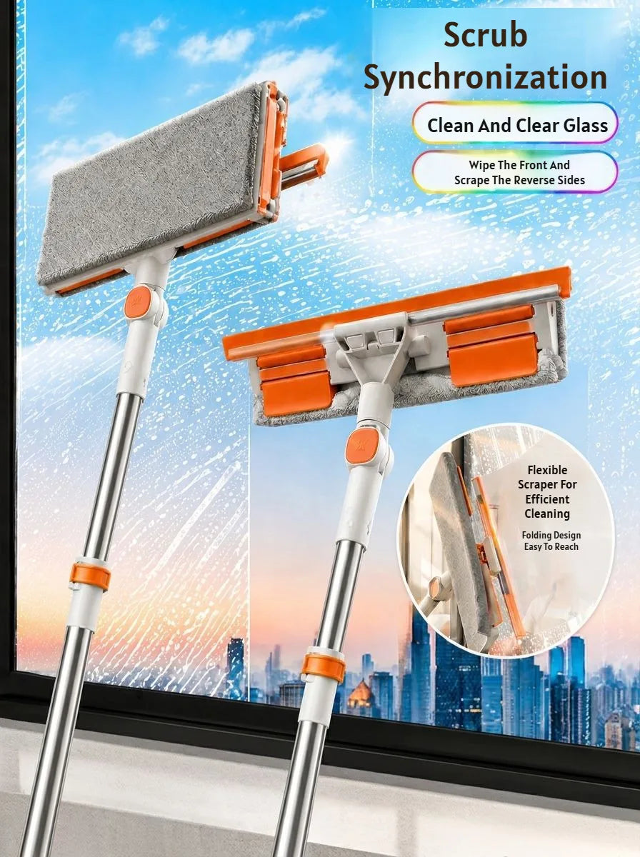 A pair of orange and gray scrub synchronization window cleaning tools with extension handles shown against a cityscape backgr
