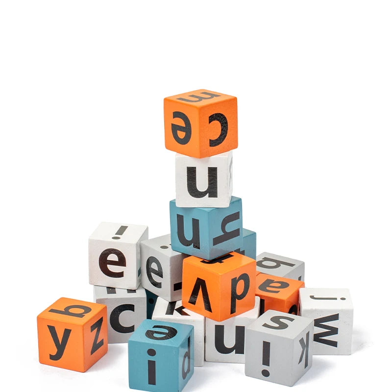A stack of wooden blocks spelling out the word 'science' in orange and light blue colors.
