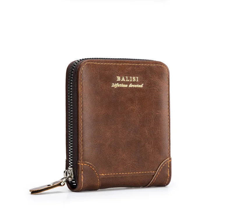 Men's Retro PU Leather Bifold Wallet with Zipper and Coin Pocket