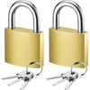 A gold-colored heavy-duty metal padlock with keys, shown in a side view.