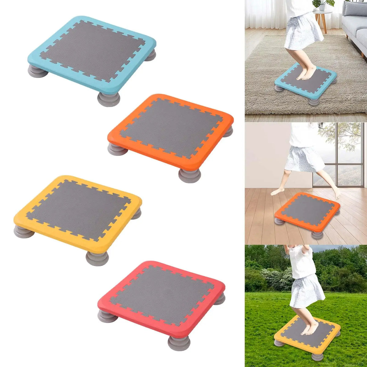 A collection of colorful mini trampolines for kids, including blue, orange, yellow, and red mats.