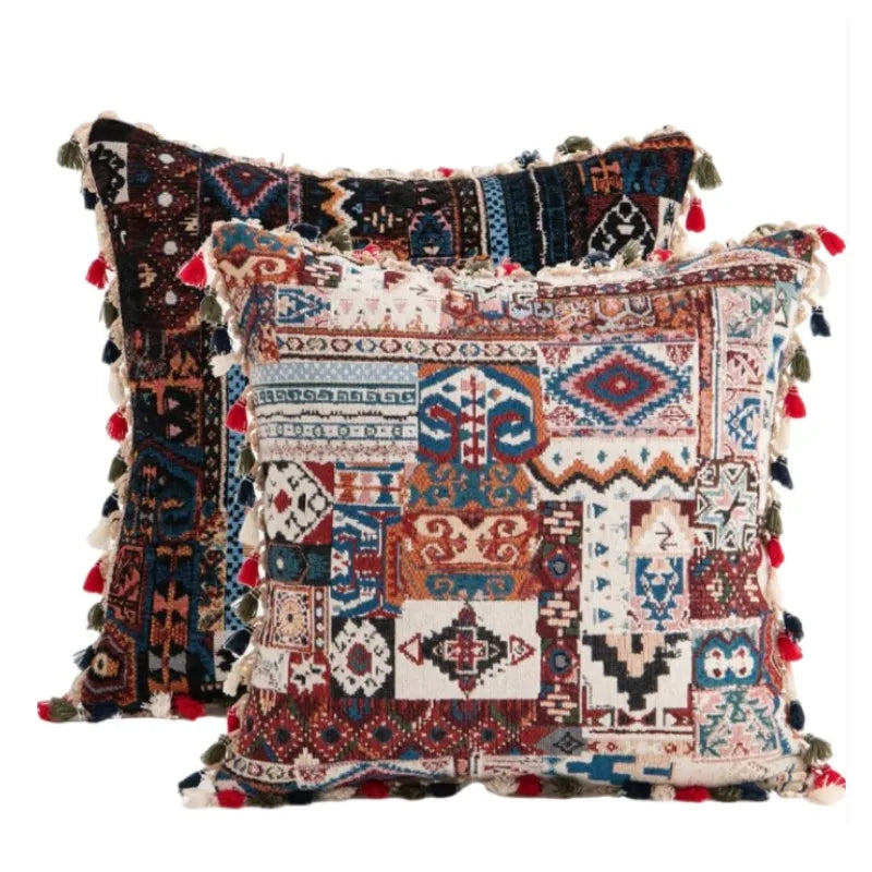 Boho Leaf-Print Tassel Throw Pillow Cover
