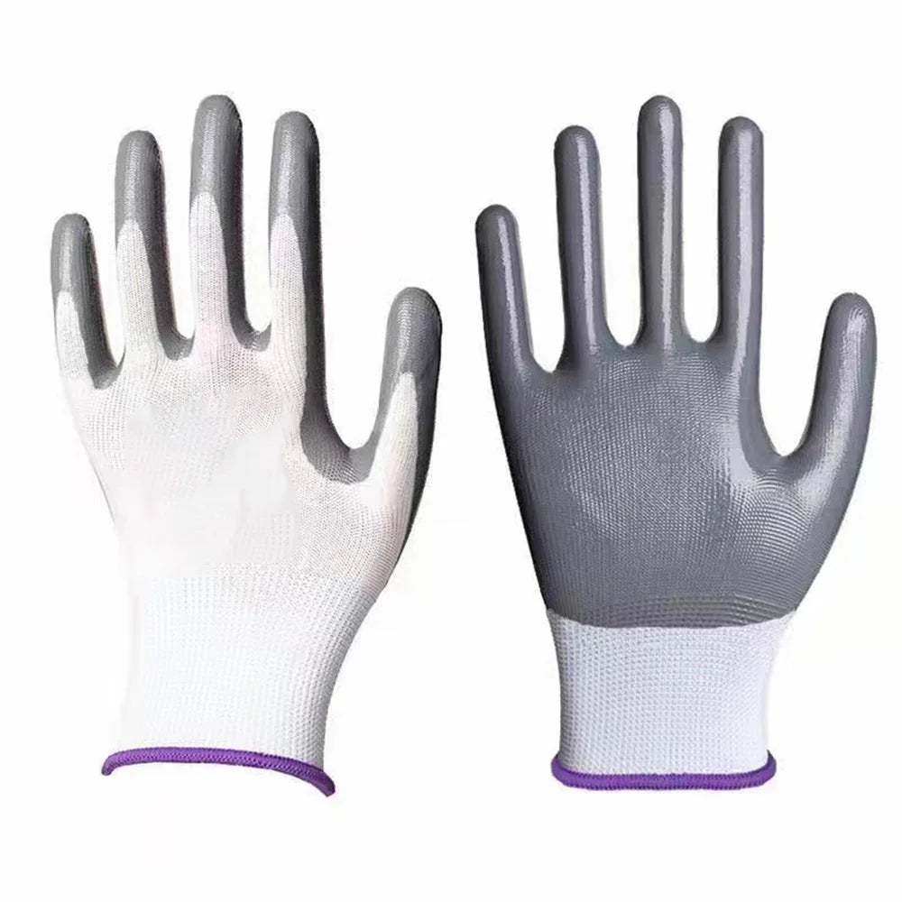 A pair of gray and white nitrile-coated nylon work gloves shown against a white background.