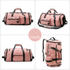 Pink tactical nylon backpack with black accents shown from multiple angles