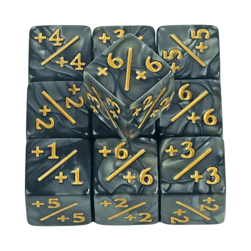 A set of acrylic D6 counter dice in black and green marbled patterns.