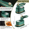 A green portable handheld garment steamer with a gold accent, showing various features like steam release and foldable carryi