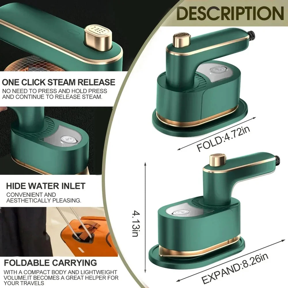 A green portable handheld garment steamer with a gold accent, showing various features like steam release and foldable carryi