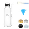 A set of reusable plastic juice bottles with tamper-evident caps, including a bottle, a spatula, and various caps.
