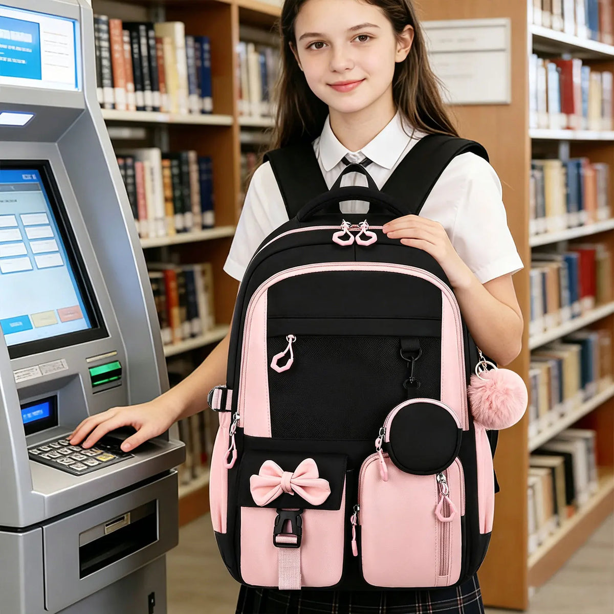 A smiling girl wearing a school uniform and carrying a pink backpack with a laptop compartment.