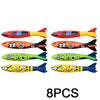Eight pieces of pool dive and grab water sports toys for kids in various colors and designs
