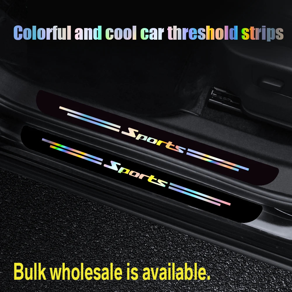 Colorful and cool car threshold strips with sports lettering installed on a car door sill.