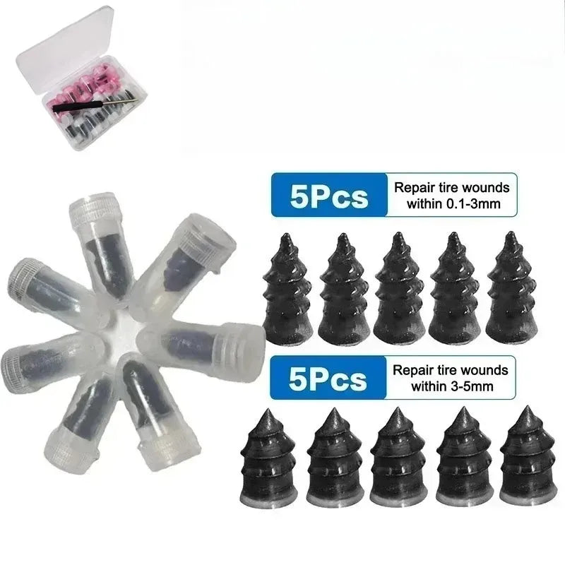 Emergency tire repair kit showing rubber screw patches for tire wounds and a screwdriver.