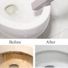 Before and after comparison showing the cleaning of a white ceramic sink using a reusable pumice stone stick.