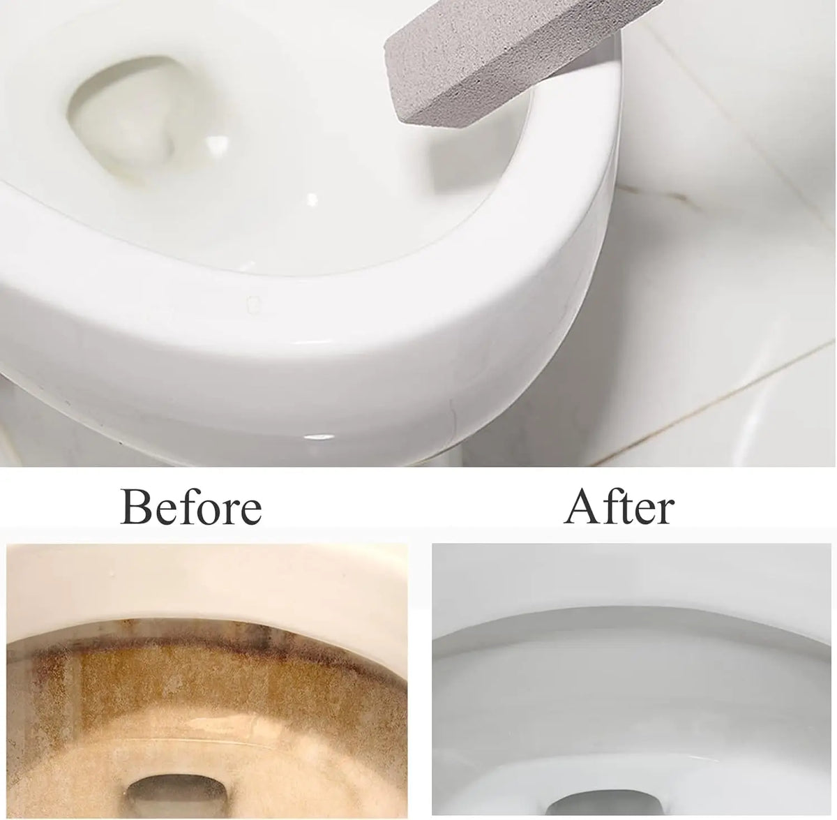 Before and after comparison showing the cleaning of a white ceramic sink using a reusable pumice stone stick.