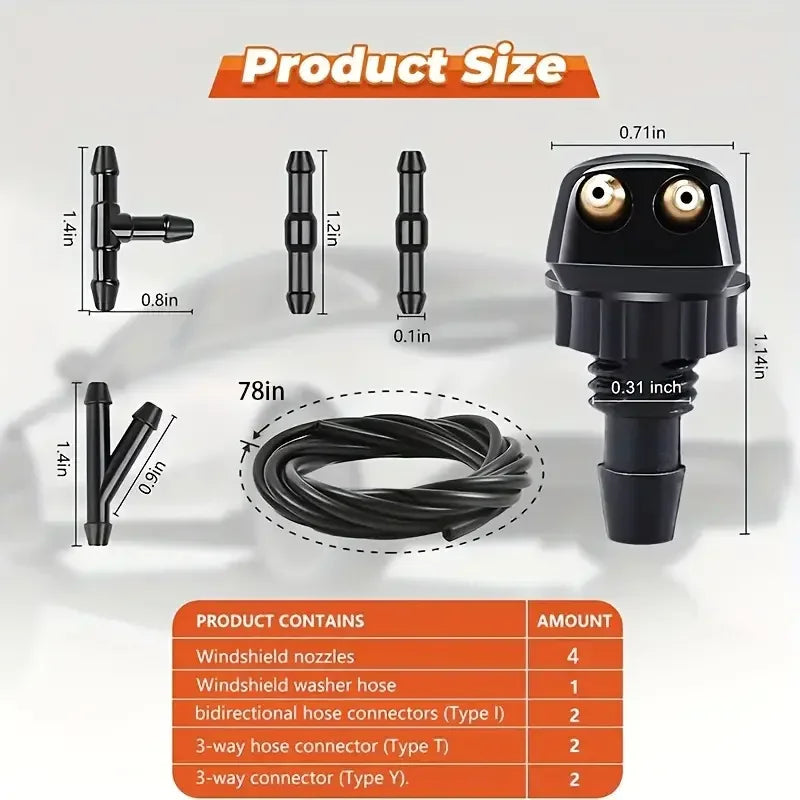 A set of black windshield washer hose connectors and hoses with various sizes shown for automotive use.